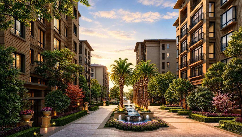 Palm-lined central boulevard with fountains between low-rise residential blocks