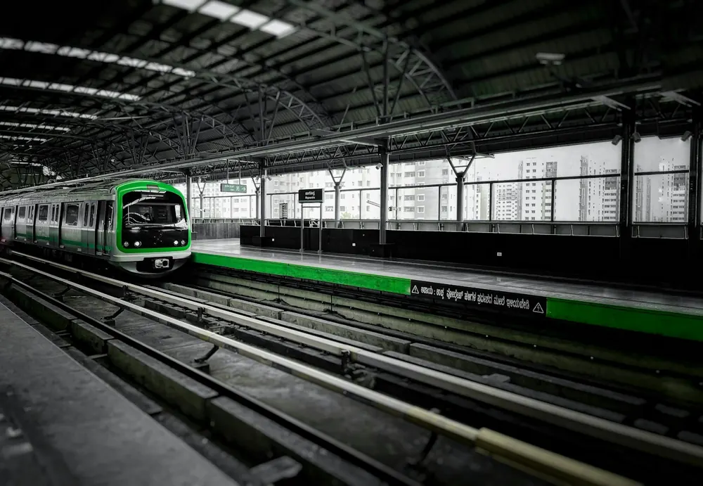 Namma Metro train arriving at an elevated Bengaluru station