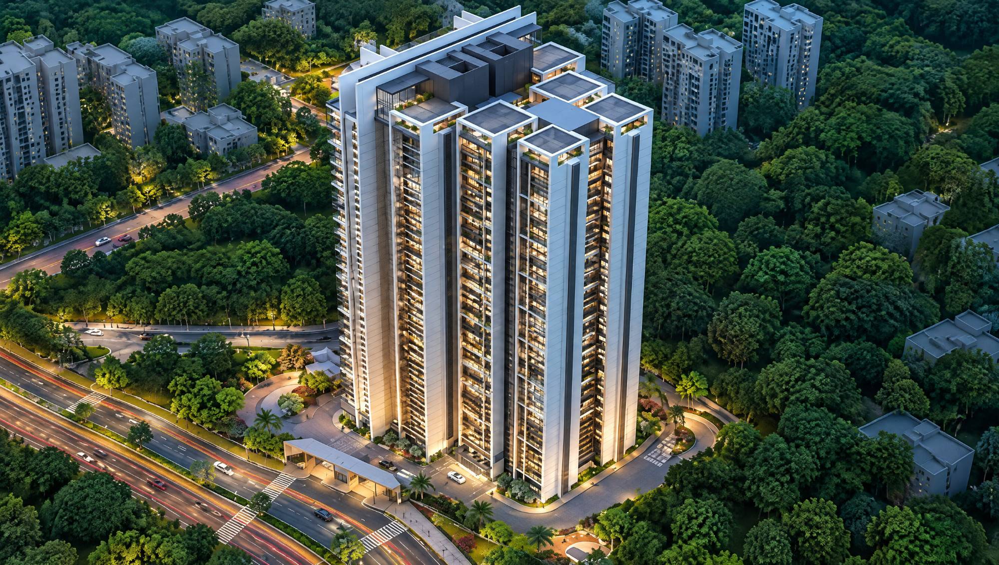 Godrej Epoque — aerial view of the towers, the podium garden and the Kokapet frontage at dusk (artist's impression)
