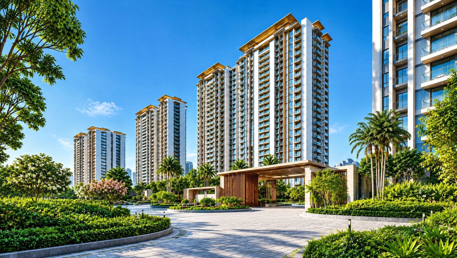 Godrej Epoque — the landscaped garden walk at dusk (artist's impression)