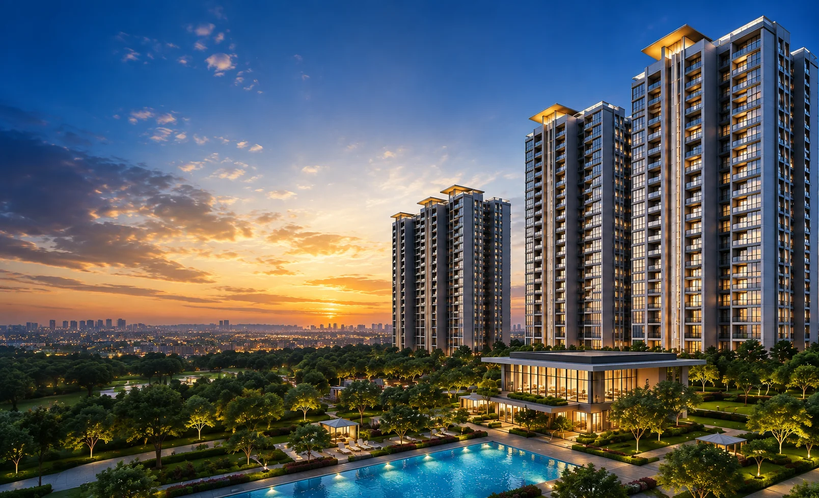 Godrej Epoque — the arrival landscape and water feature at sunset (artist's impression)