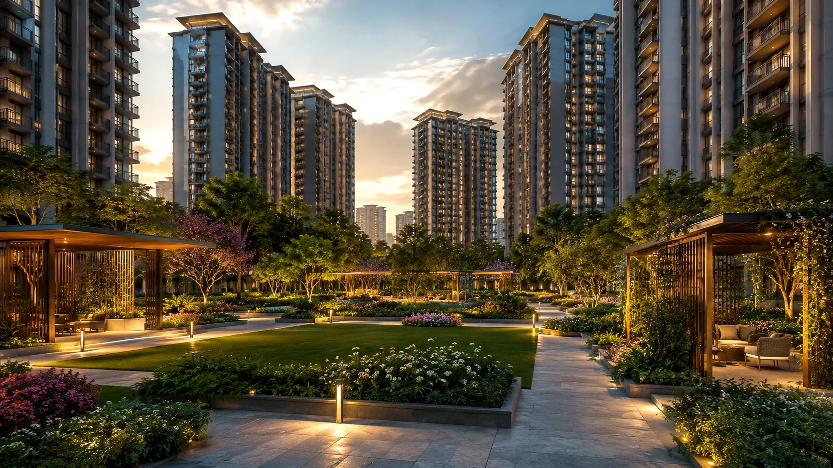 Godrej Epoque — the swimming pool and deck at dusk (artist's impression)
